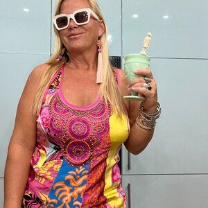 Hale Bob Boho Beaded Silk Tank Top Bright pink and orange